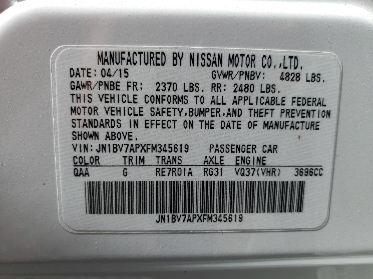 JN1BV7APXFM345619 2015 Infiniti Q50 Base