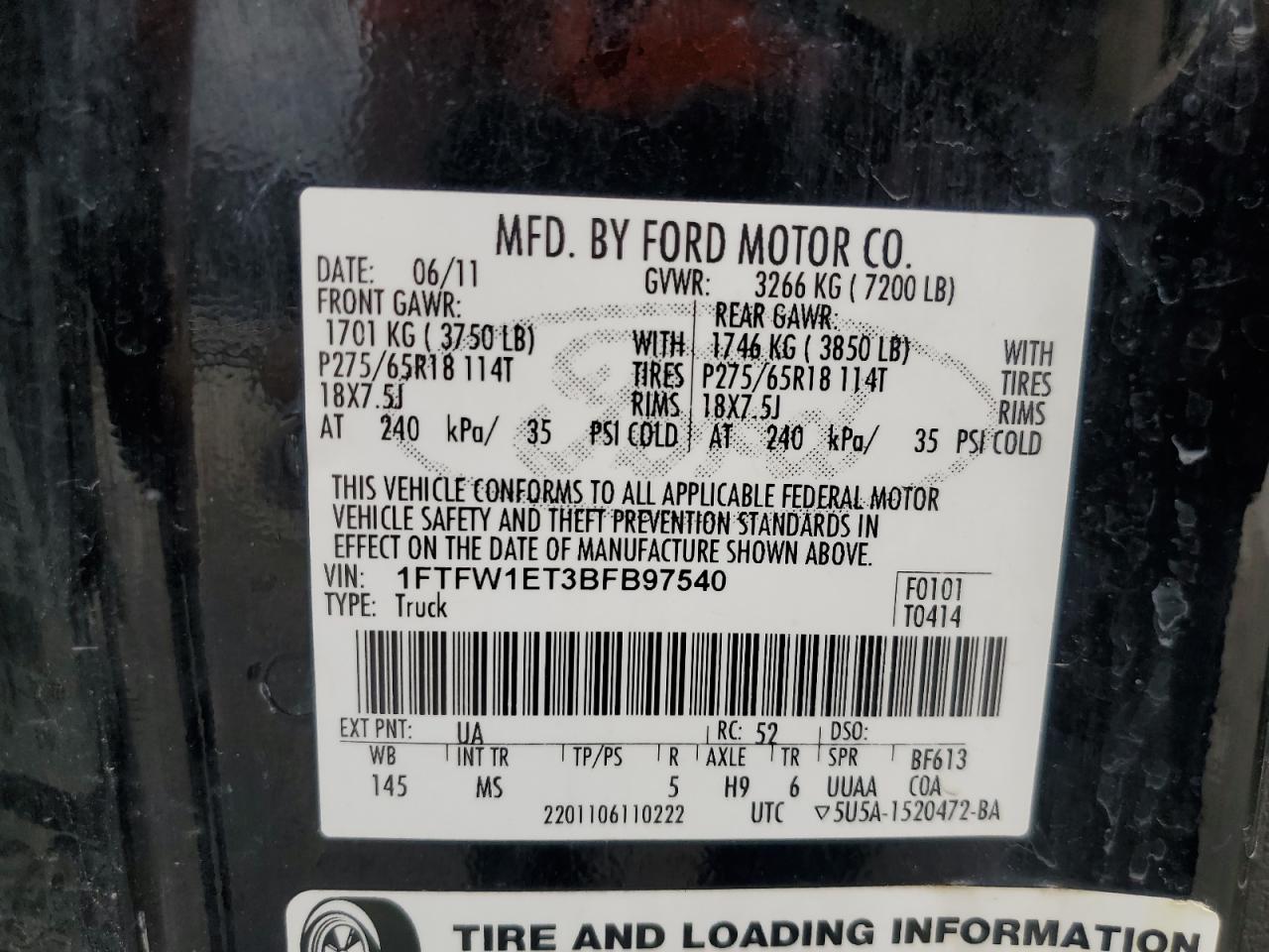 1FTFW1ET3BFB97540 2011 Ford F150 Supercrew