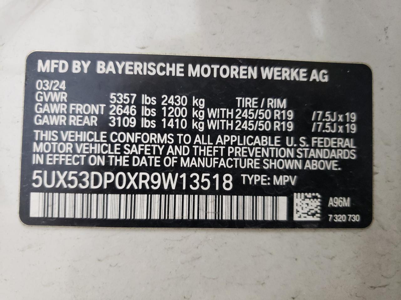 5UX53DP0XR9W13518 BMW X3 XDRIVE3 13