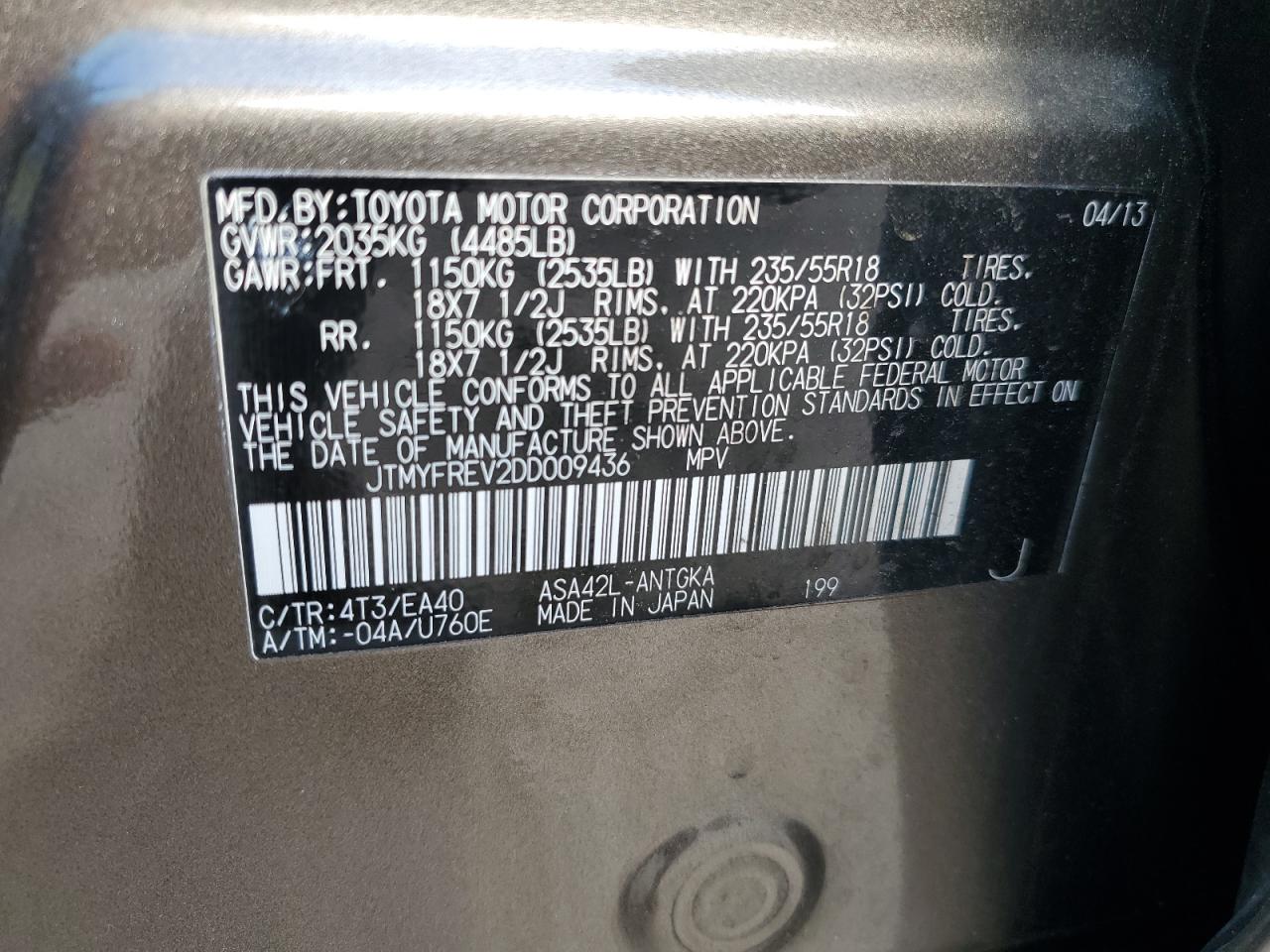 JTMYFREV2DD009436 2013 Toyota Rav4 Limited