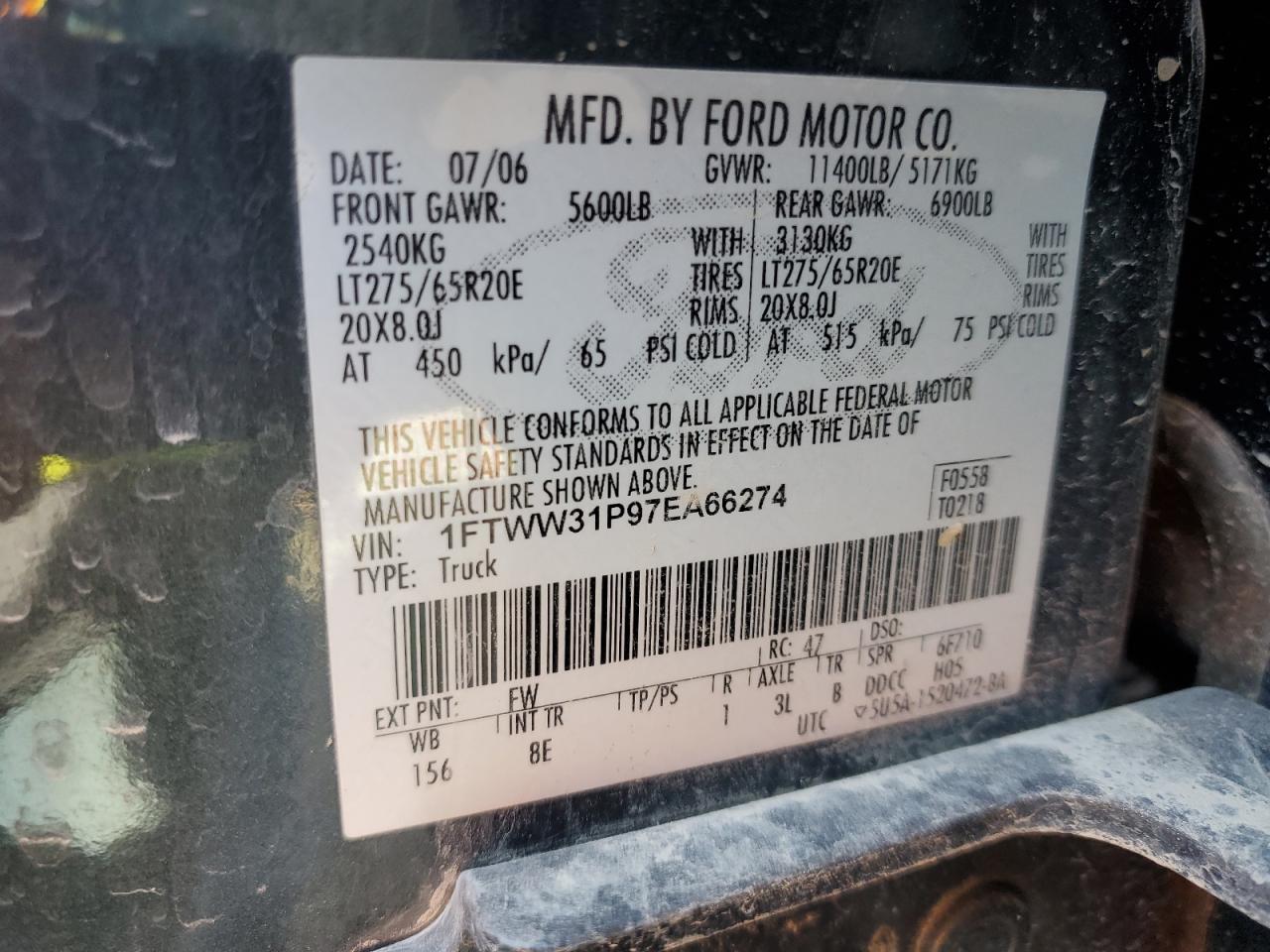 2007 Ford F350 Srw Super Duty VIN: 1FTWW31P97EA66274 Lot: 71548444