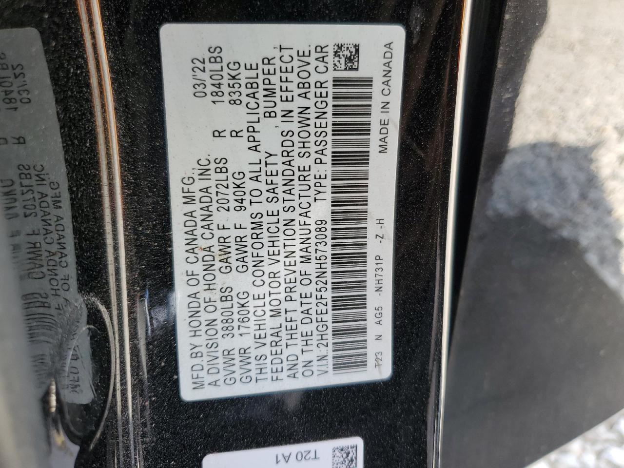 2HGFE2F52NH573089 2022 Honda Civic Sport