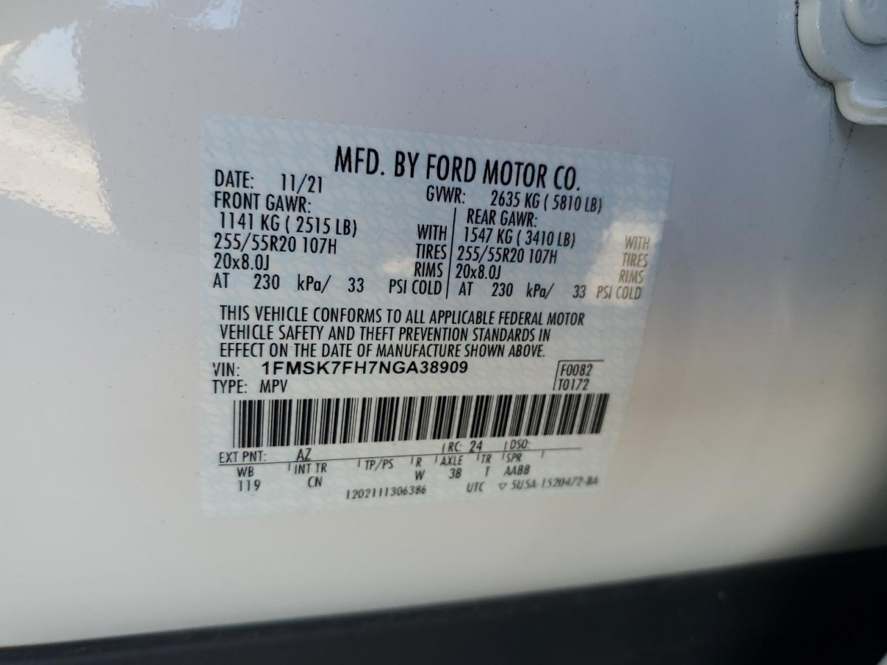 1FMSK7FH7NGA38909 2022 Ford Explorer Limited