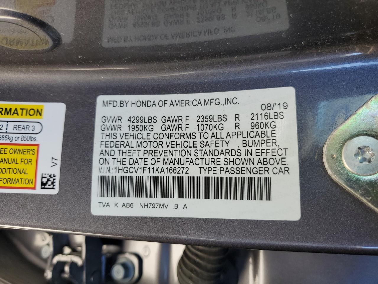 1HGCV1F11KA166272 2019 Honda Accord Lx