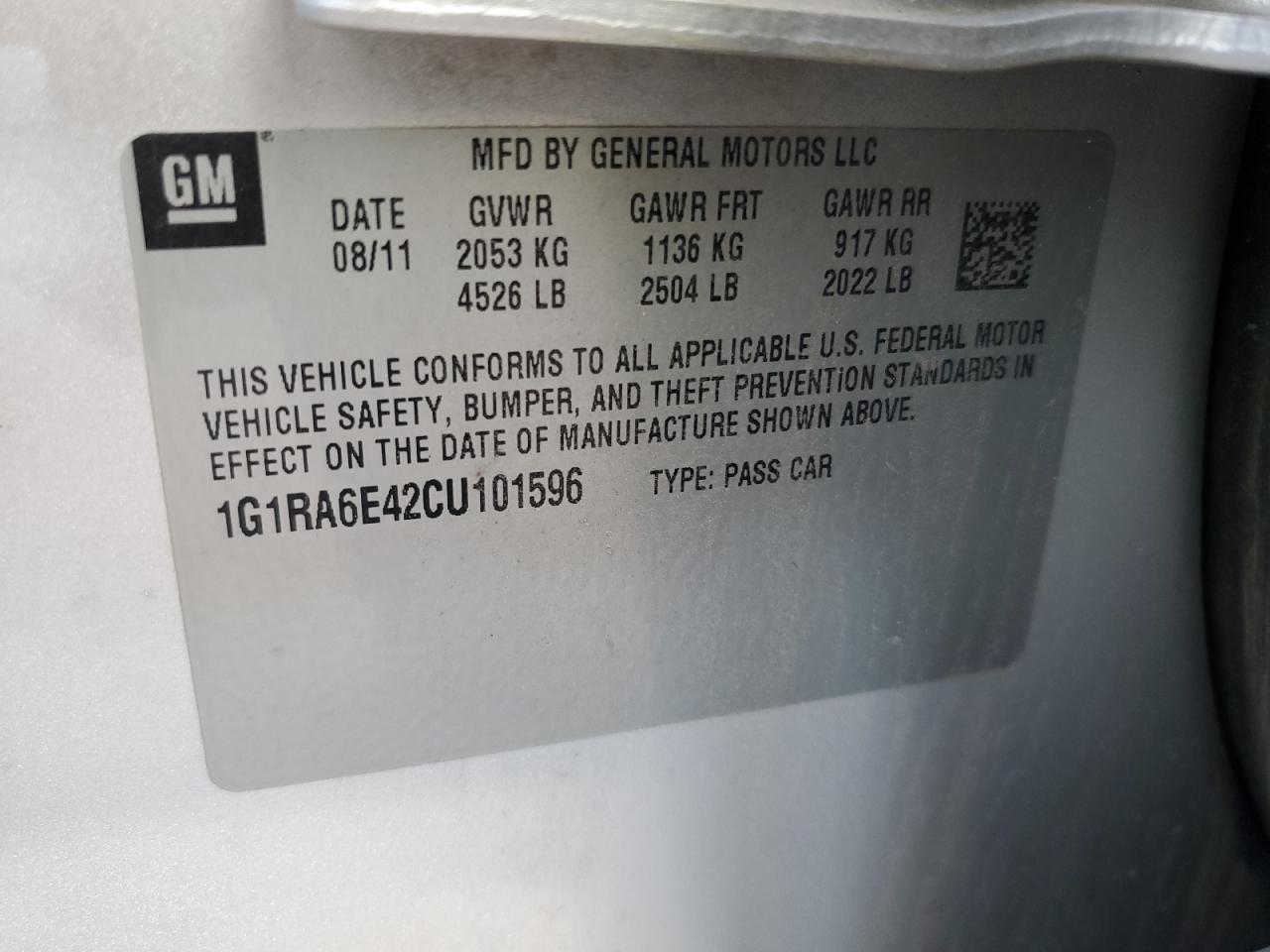 1G1RA6E42CU101596 2012 Chevrolet Volt