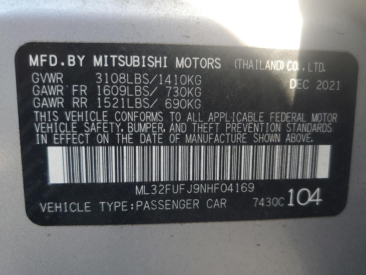 ML32FUFJ9NHF04169 2022 Mitsubishi Mirage G4 Es