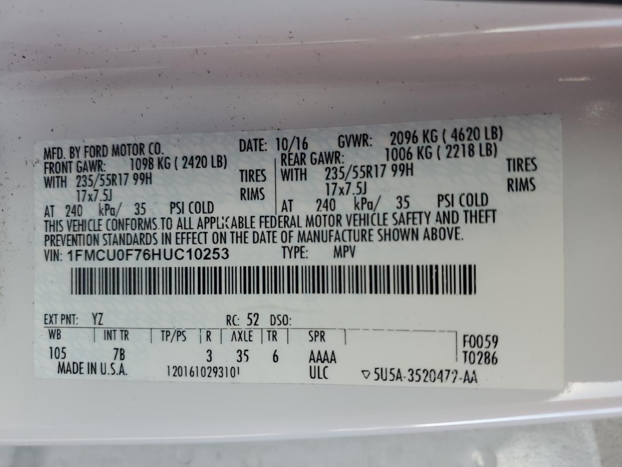 1FMCU0F76HUC10253 2017 Ford Escape S