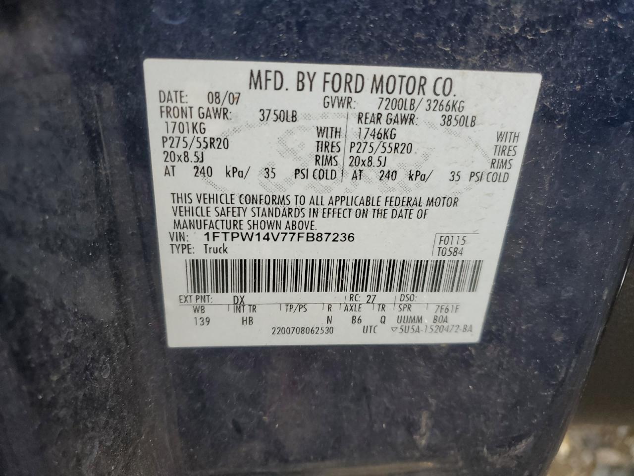 1FTPW14V77FB87236 2007 Ford F150 Supercrew 1FTPW14V77FB87236 2007 Ford F150 Supercrew