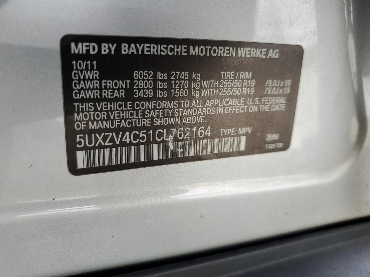 2012 BMW X5 xDrive35I VIN: 5UXZV4C51CL762164 Lot: 69794284