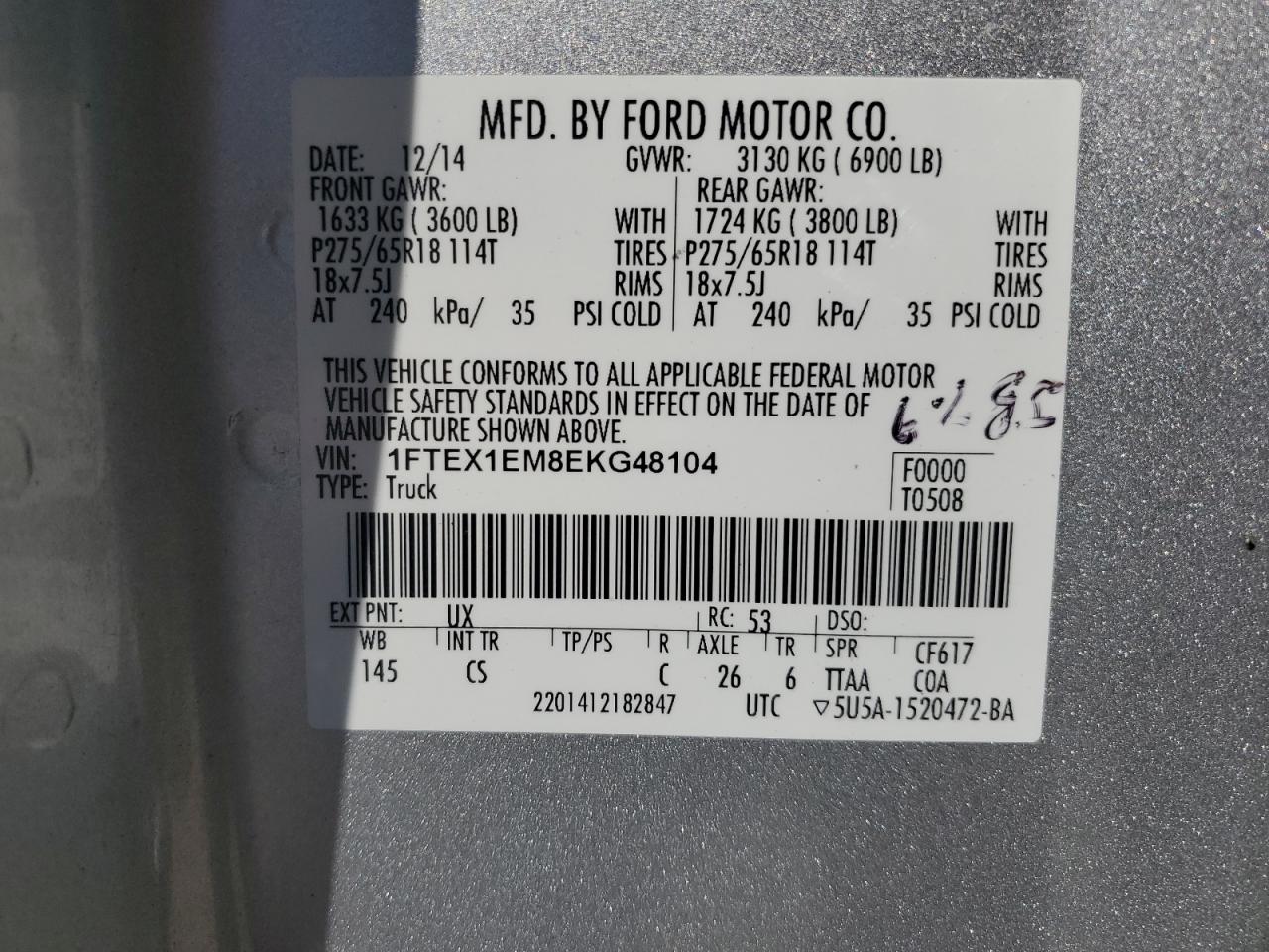 2014 Ford F150 Super Cab VIN: 1FTEX1EM8EKG48104 Lot: 71241094