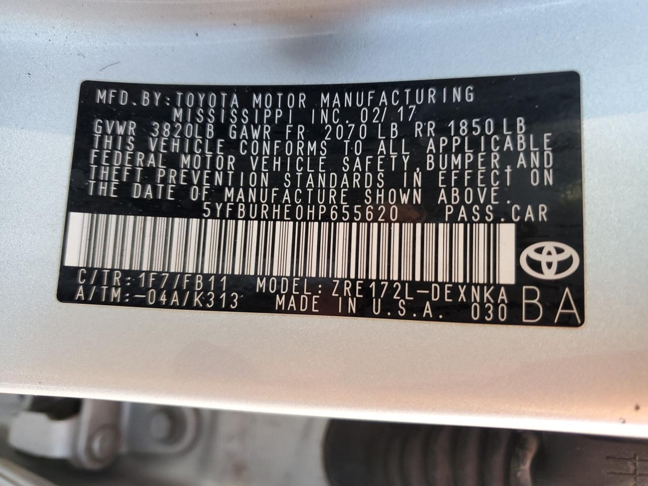 5YFBURHE0HP655620 TOYOTA COROLLA 2017
