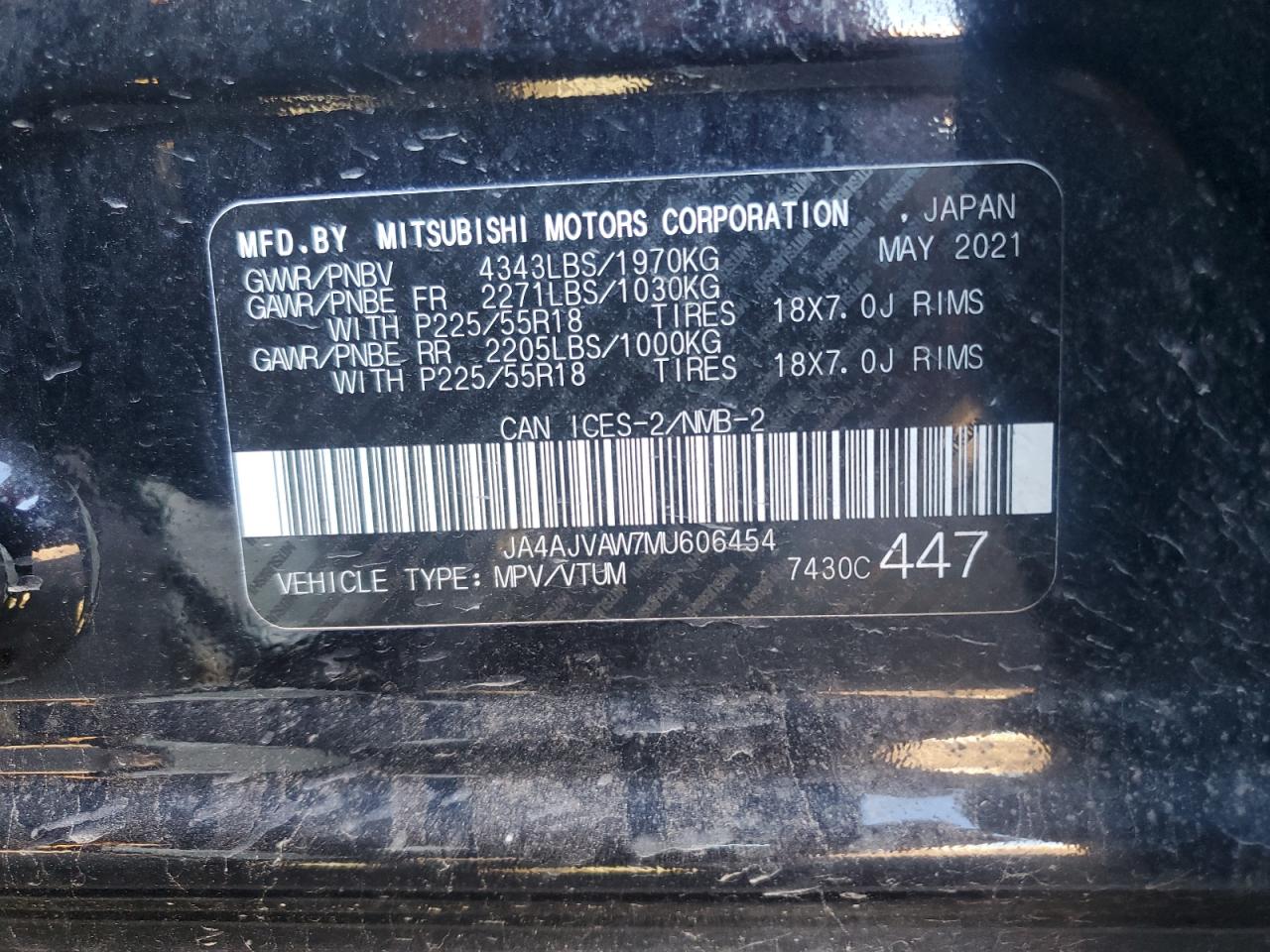 2021 Mitsubishi Rvr Se VIN: JA4AJVAW7MU606454 Lot: 73317344