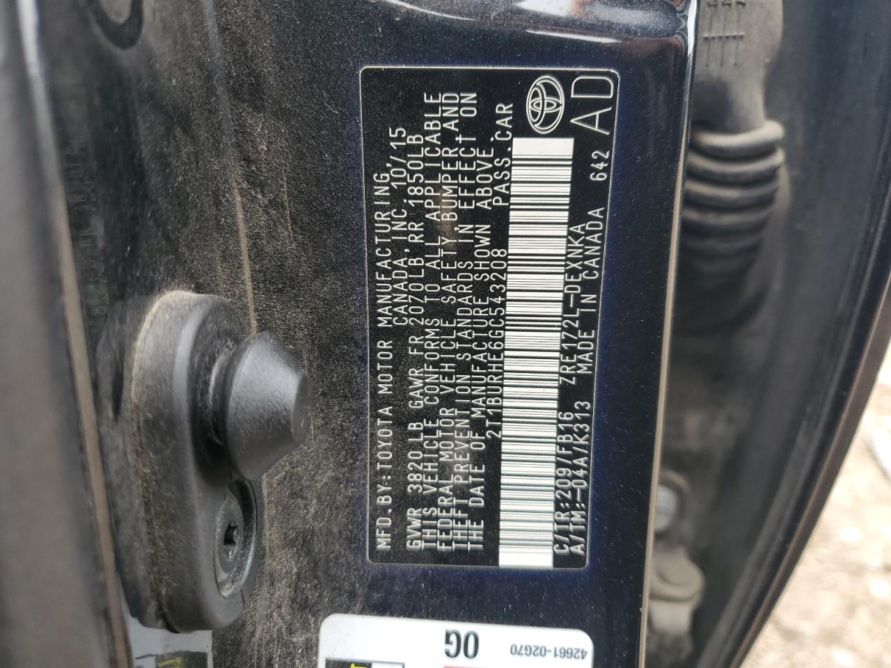 2016 Toyota Corolla L VIN: 2T1BURHE6GC543208 Lot: 71237174