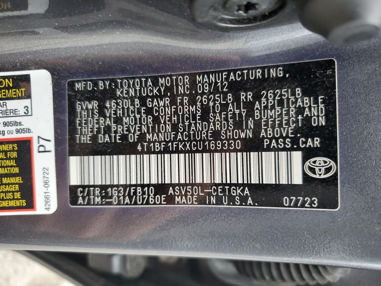 4T1BF1FKXCU169330 2012 Toyota Camry Base