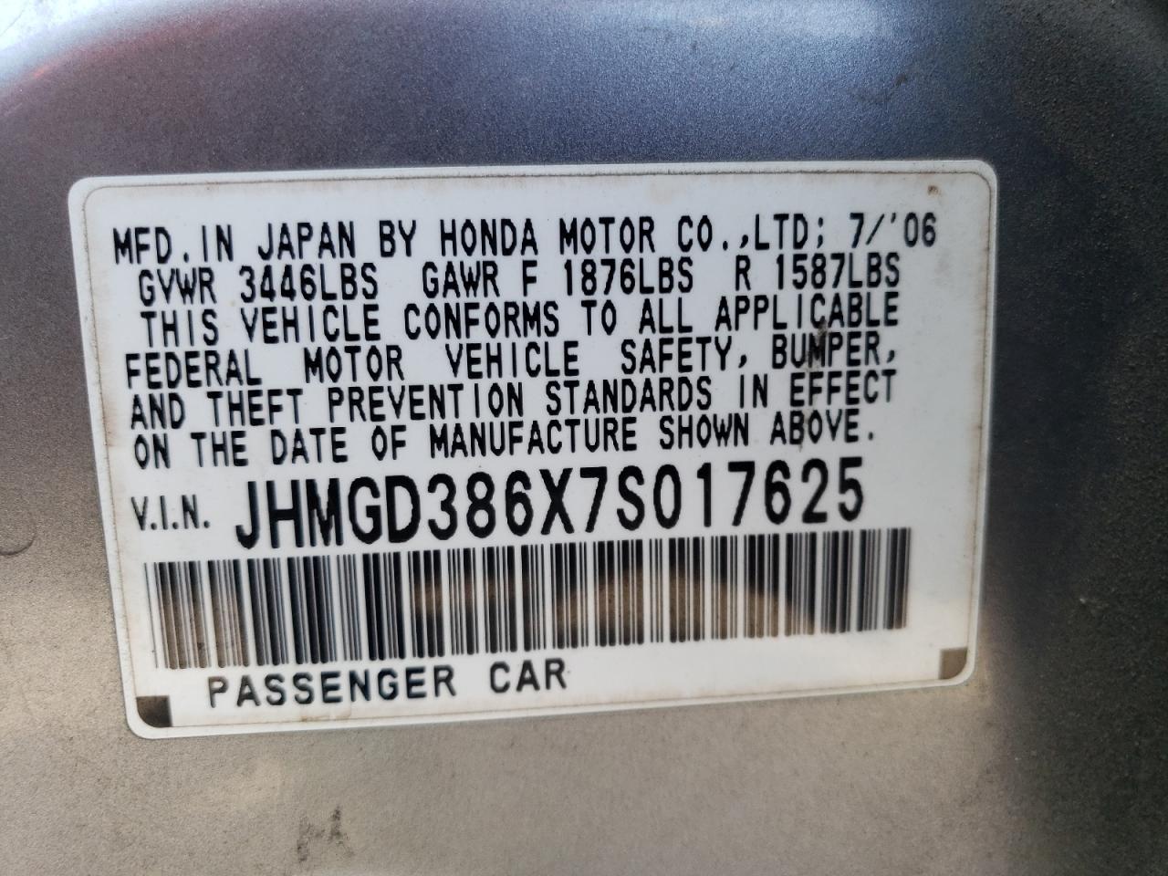 JHMGD386X7S017625 2007 Honda Fit S