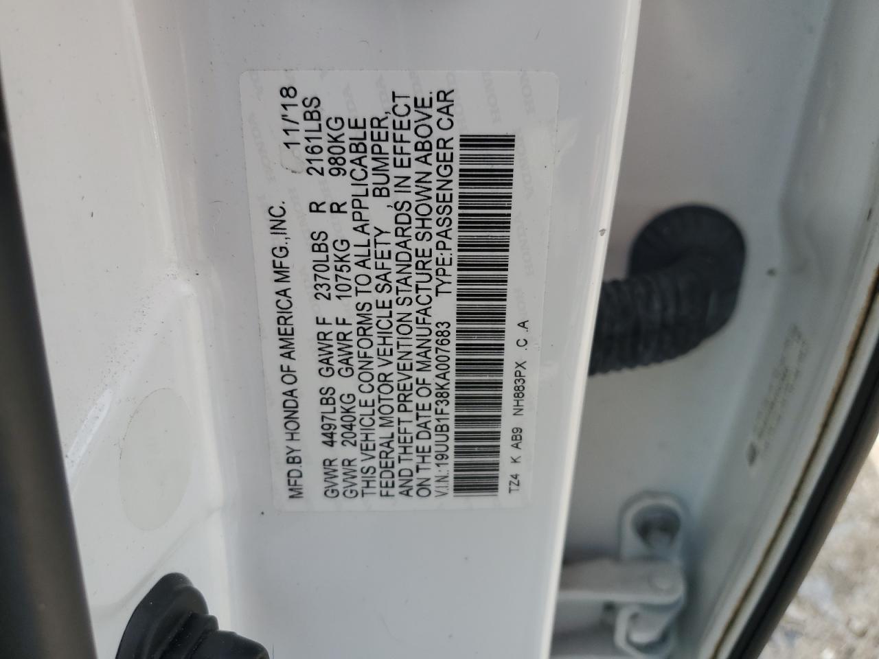 19UUB1F38KA007683 2019 Acura Tlx