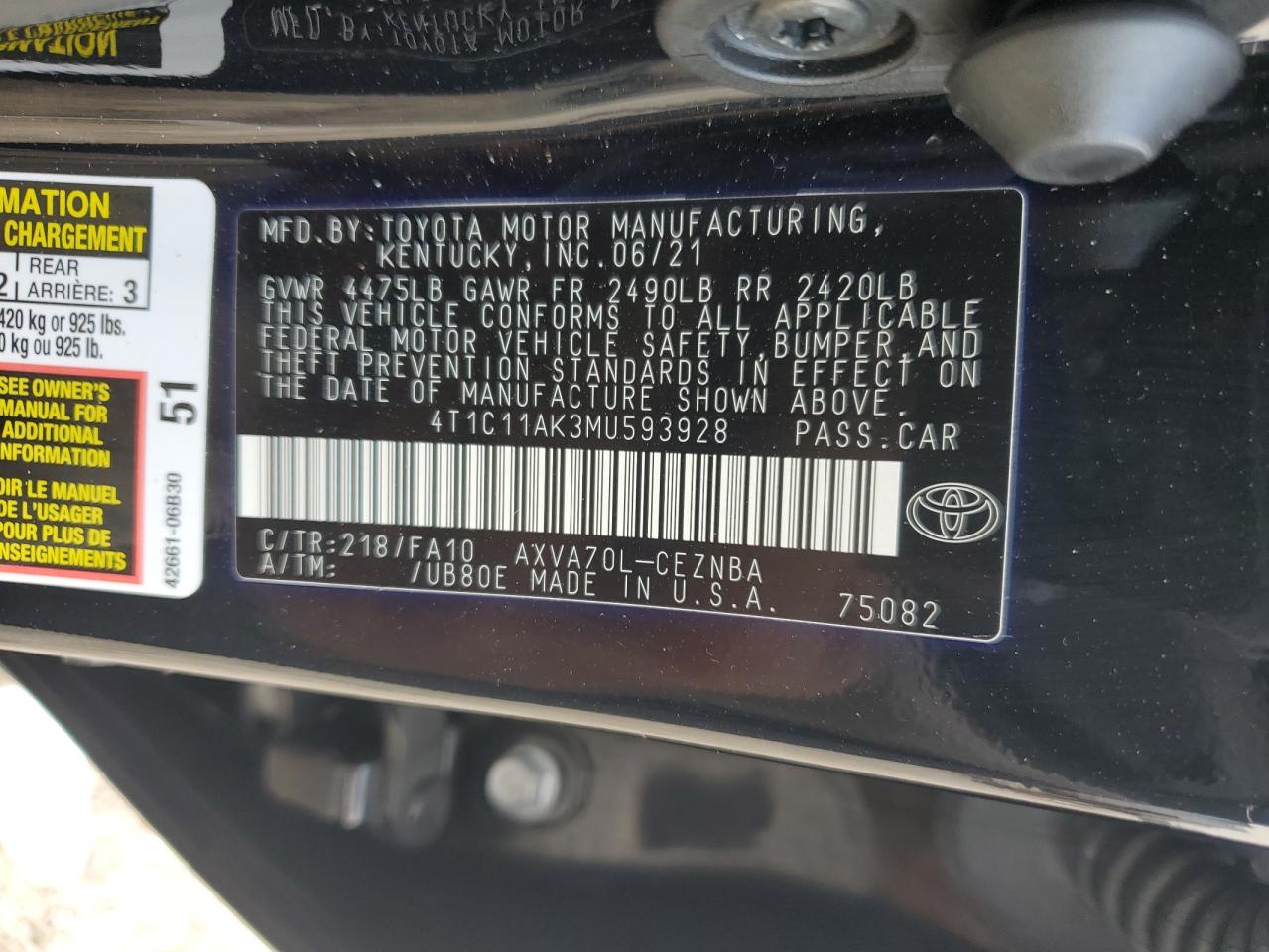 4T1C11AK3MU593928 2021 Toyota Camry Le