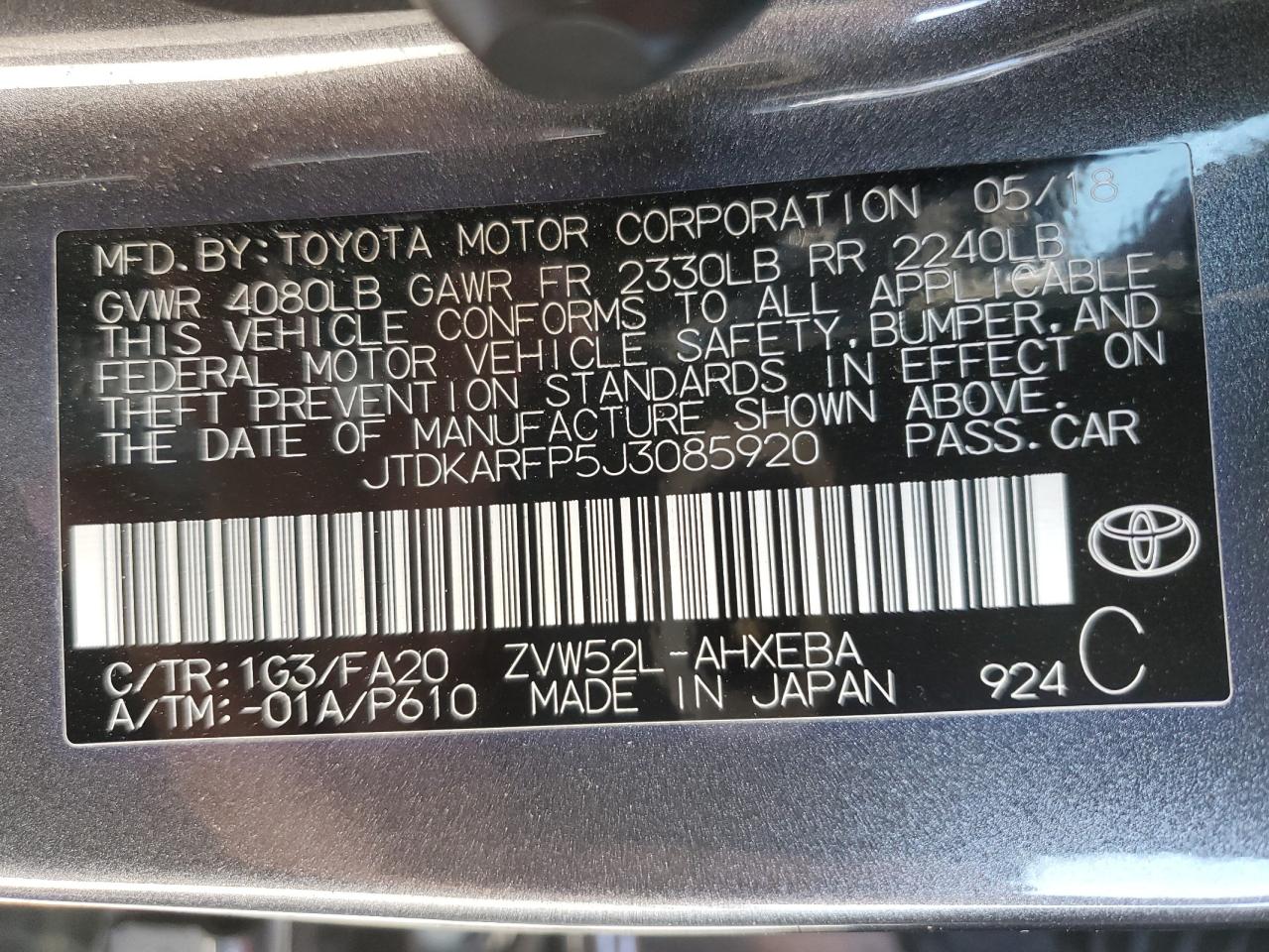 JTDKARFP5J3085920 2018 Toyota Prius Prime