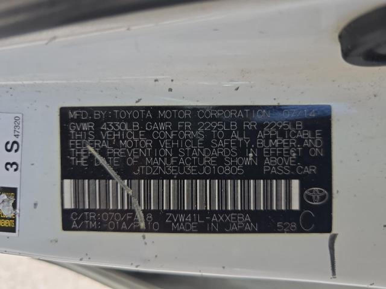 2014 Toyota Prius V VIN: JTDZN3EU3EJ010805 Lot: 71819264