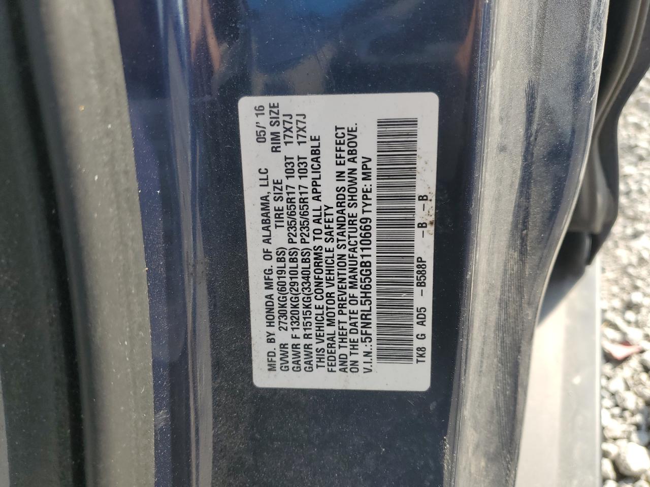 5FNRL5H65GB110669 2016 Honda Odyssey Exl