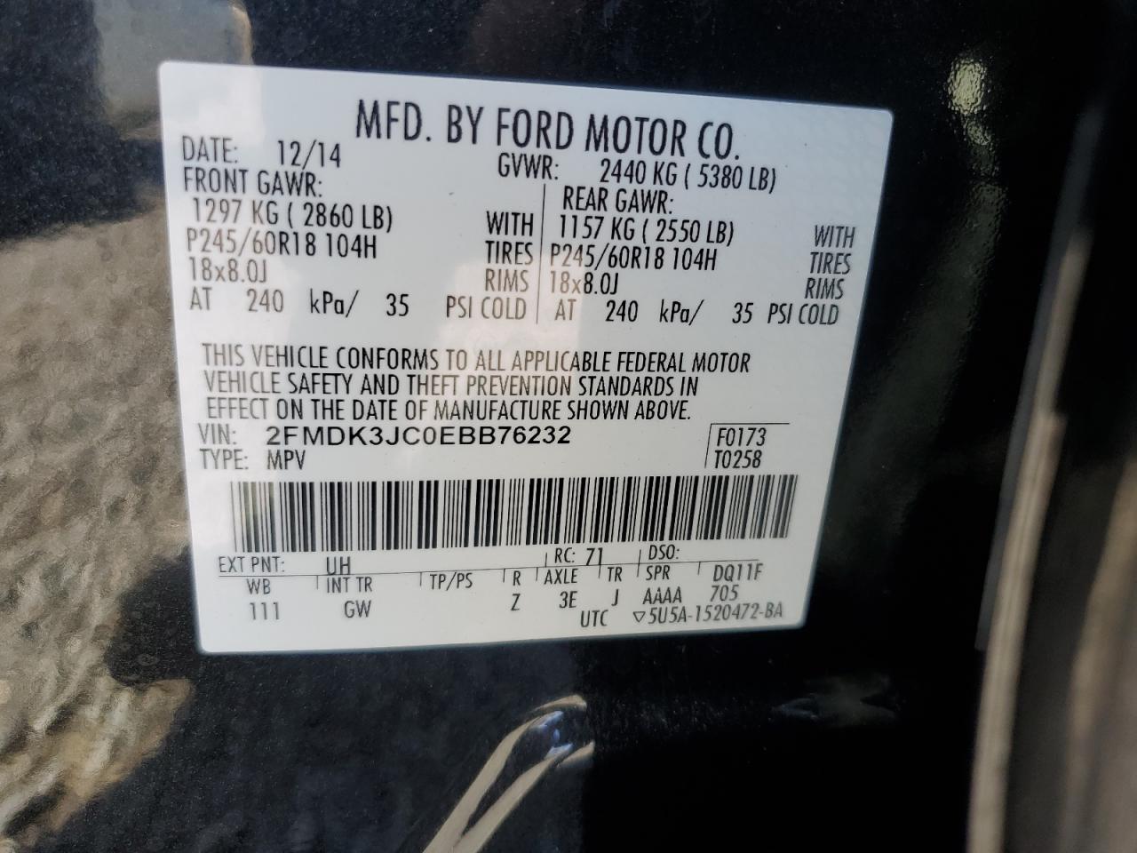 2014 Ford Edge Sel VIN: 2FMDK3JC0EBB76232 Lot: 73067404