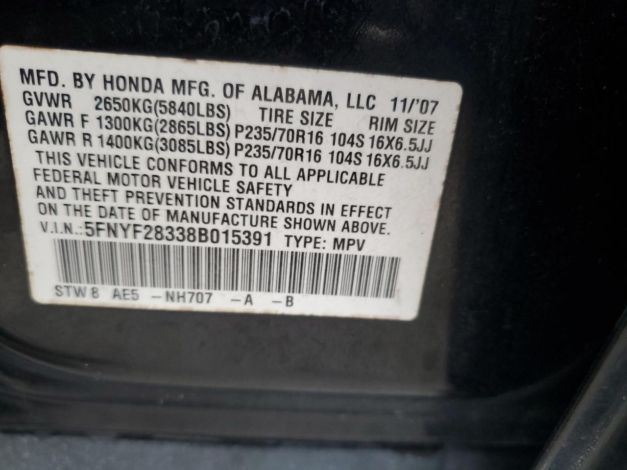 5FNYF28338B015391 2008 Honda Pilot Se