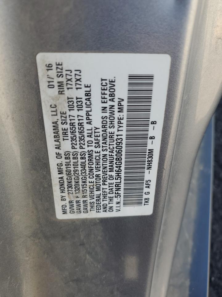 5FNRL5H64GB060931 2016 Honda Odyssey Exl