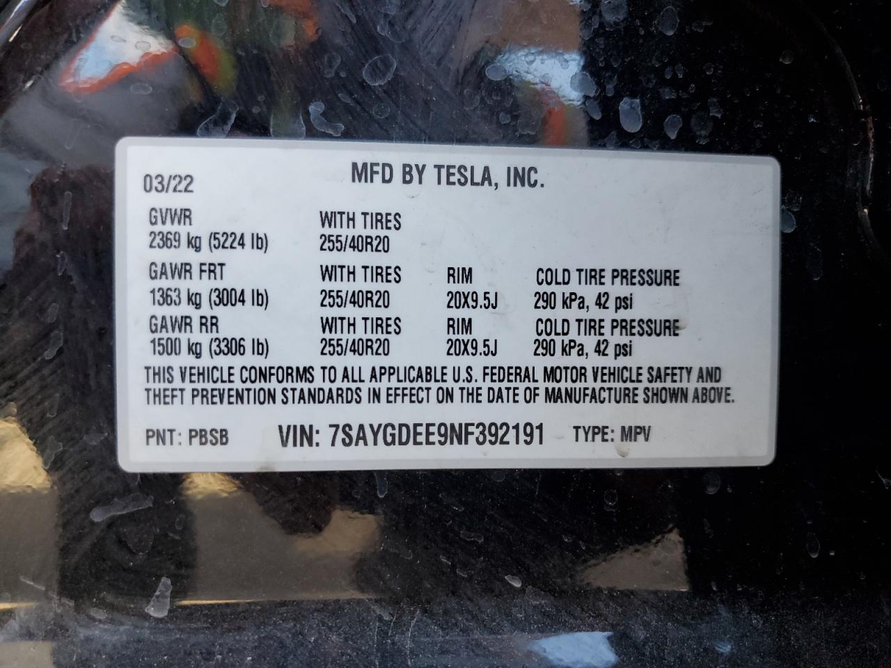 7SAYGDEE9NF392191 2022 Tesla Model Y