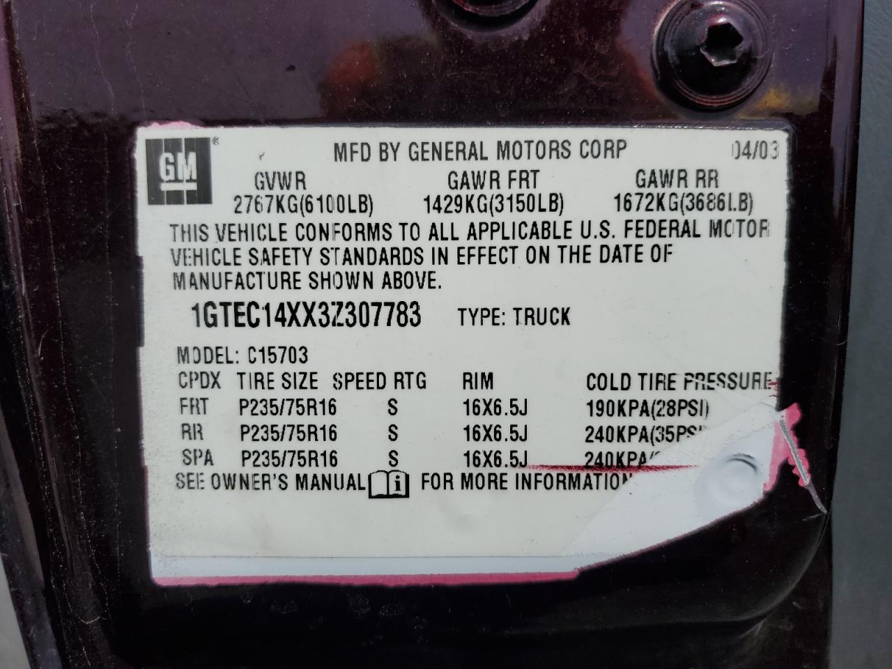 1GTEC14XX3Z307783 2003 GMC New Sierra C1500