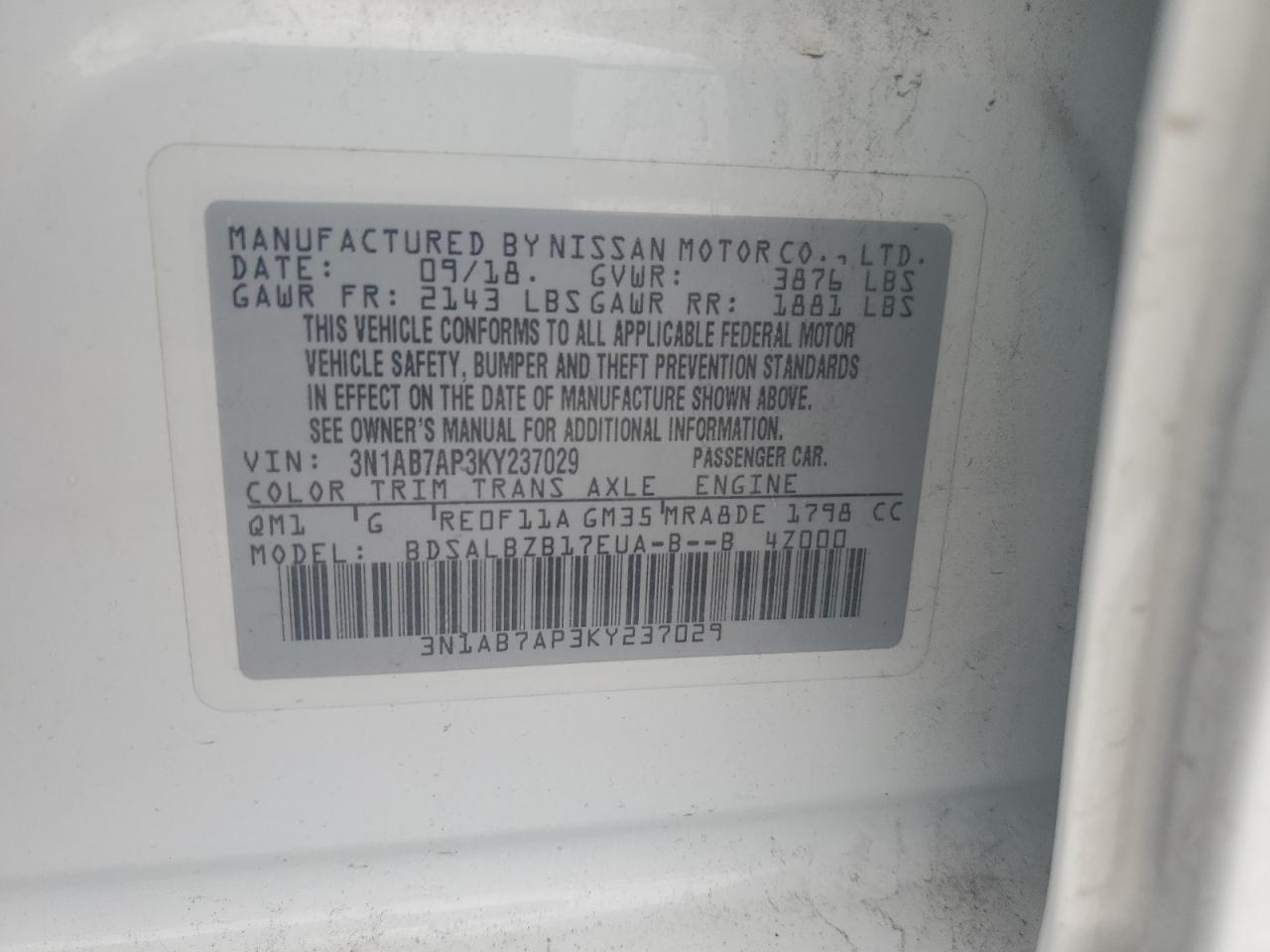 3N1AB7AP3KY237029 2019 Nissan Sentra S