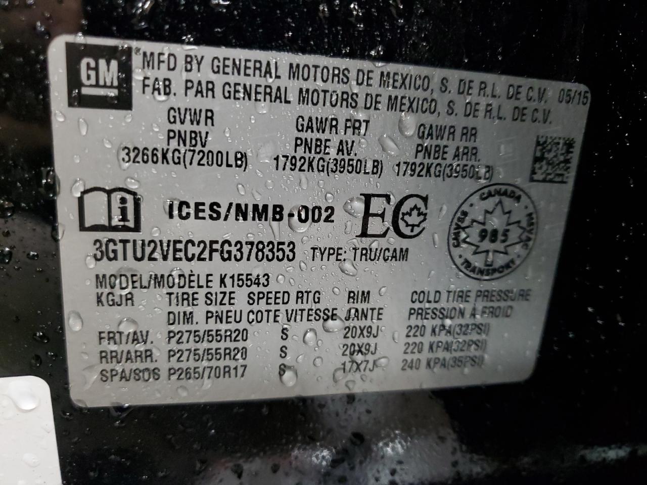 3GTU2VEC2FG378353 2015 GMC Sierra K1500 Slt