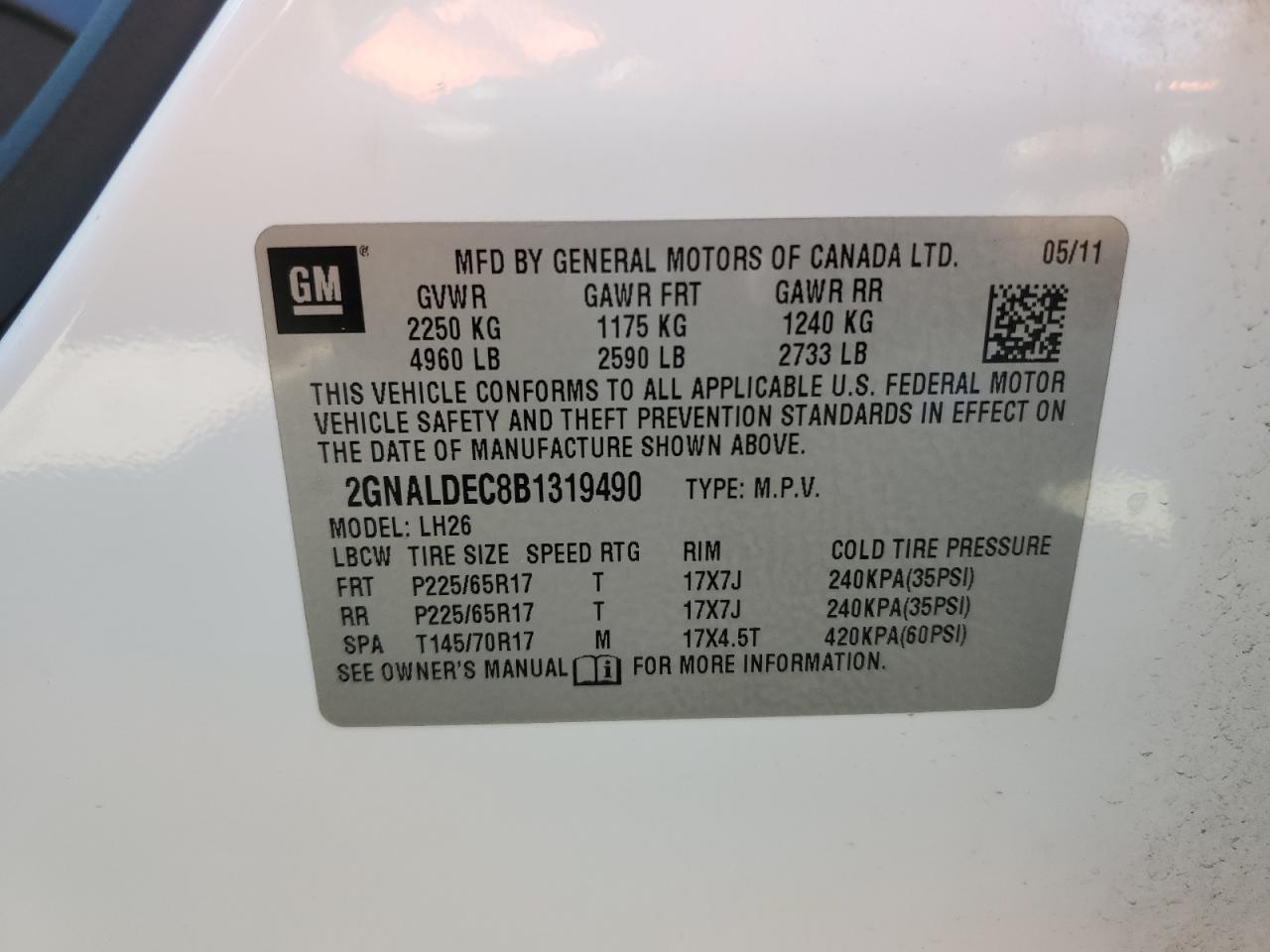 2GNALDEC8B1319490 2011 Chevrolet Equinox Lt