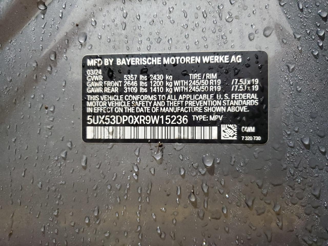 VIN 5UX53DP0XR9W15236 2024 BMW X3 no.13