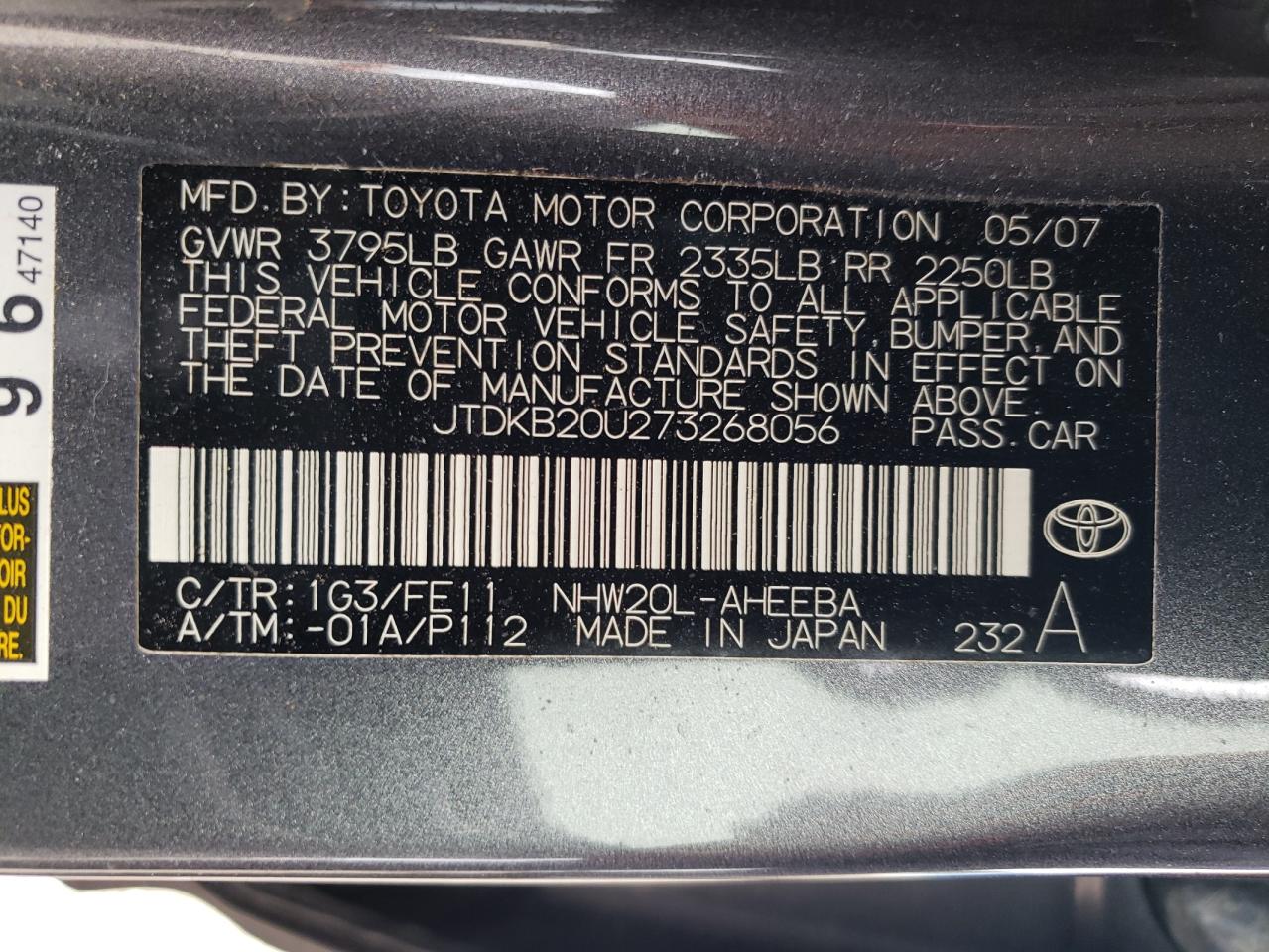 JTDKB20U273268056 2007 Toyota Prius