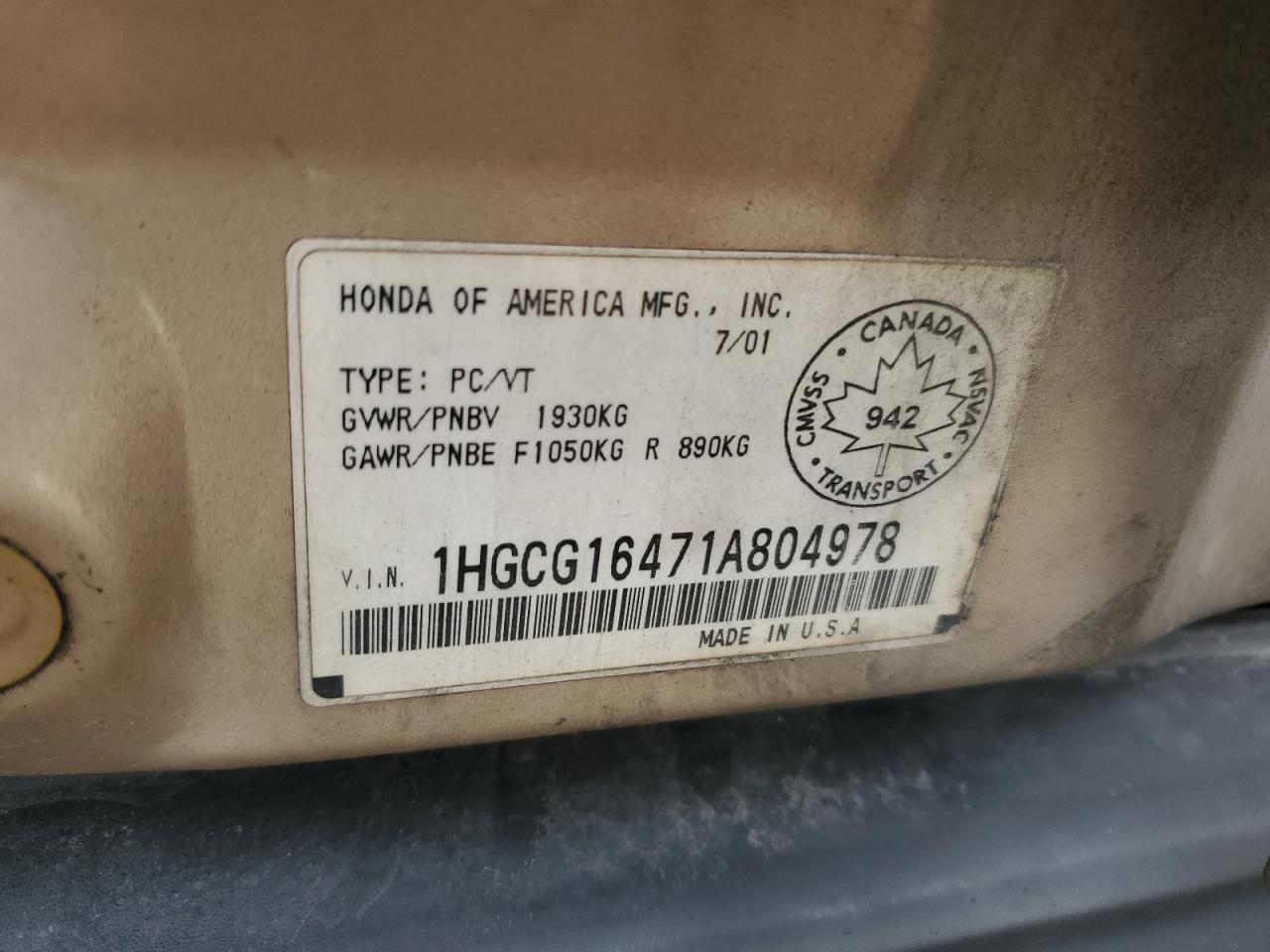 1HGCG16471A804978 2001 Honda Accord Lx