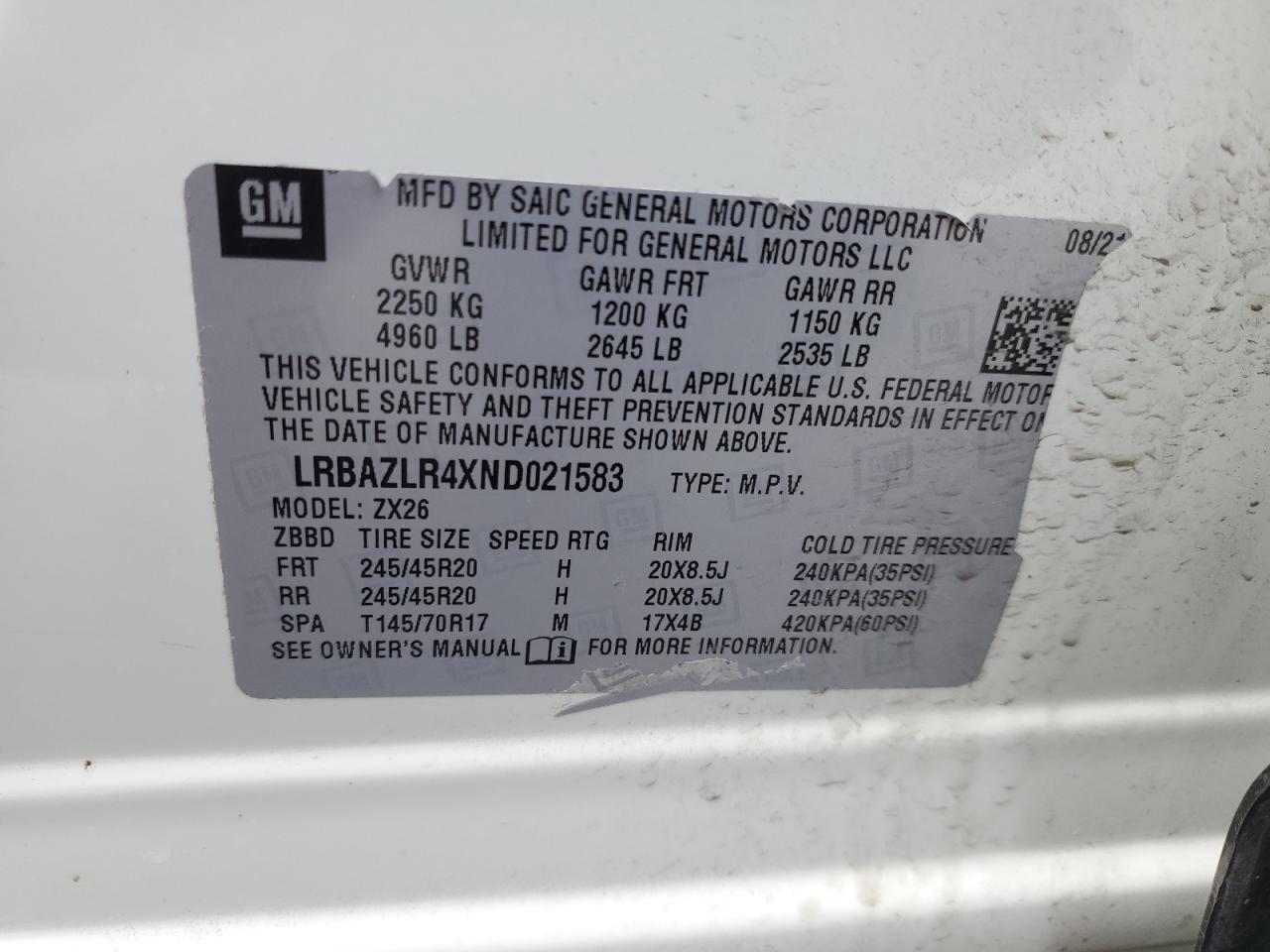 LRBAZLR4XND021583 2022 Buick Envision Preferred