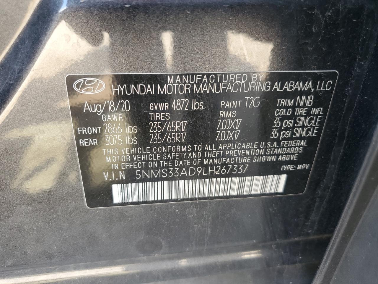 5NMS33AD9LH267337 2020 Hyundai Santa Fe Sel