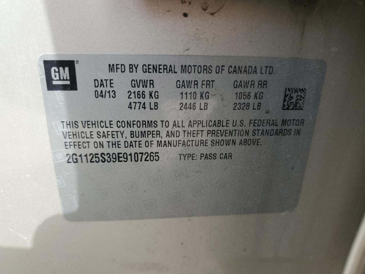 2G1125S39E9107265 2014 Chevrolet Impala Lt