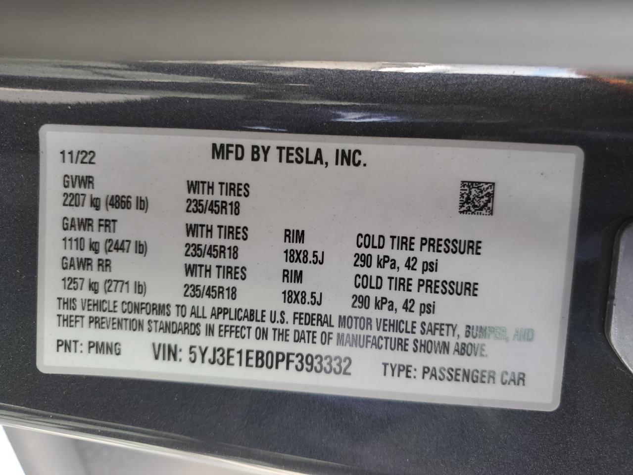 2023 Tesla Model 3 VIN: 5YJ3E1EB0PF393332 Lot: 69196524