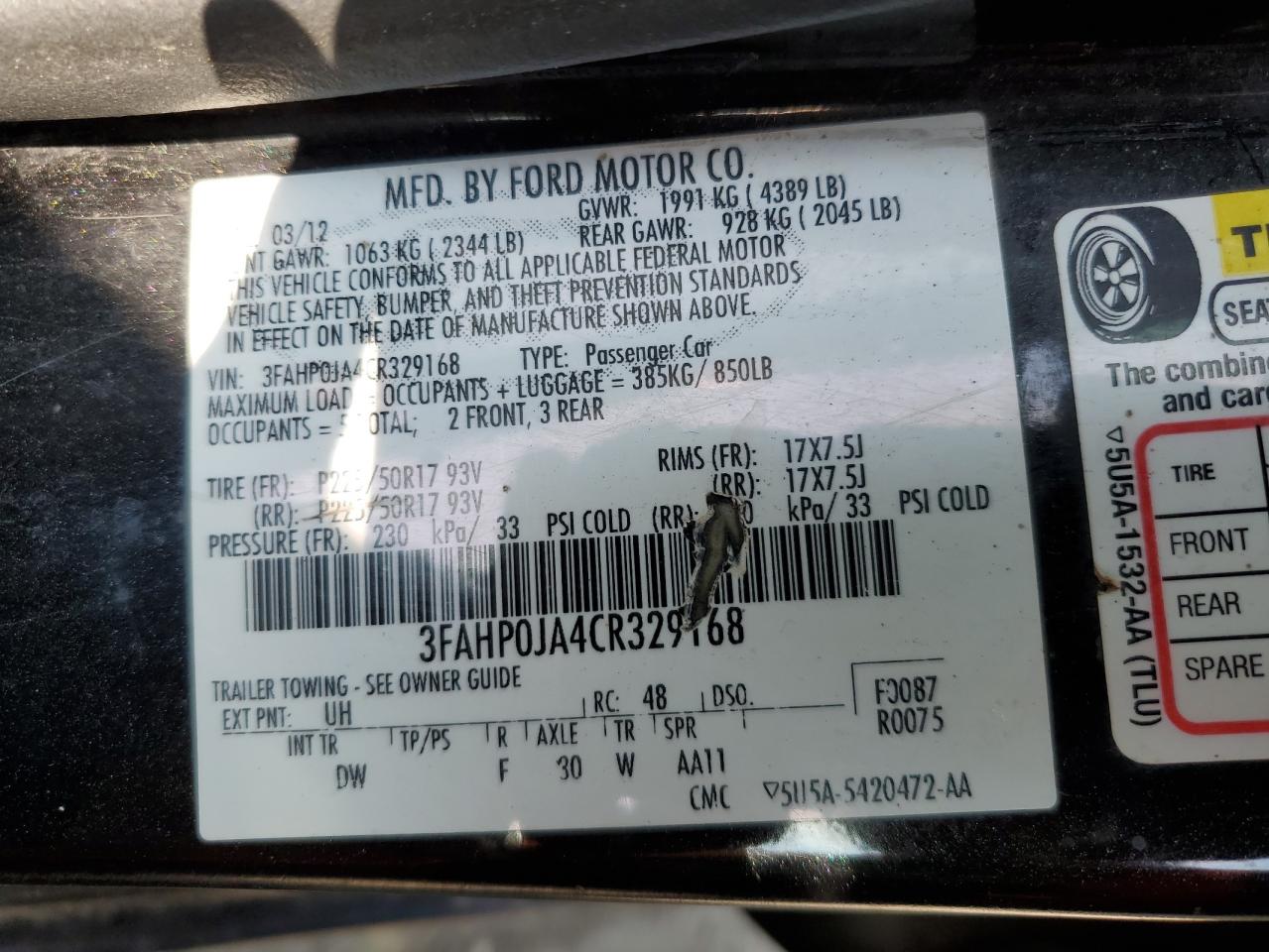 2012 Ford Fusion Sel VIN: 3FAHP0JA4CR329168 Lot: 71275784