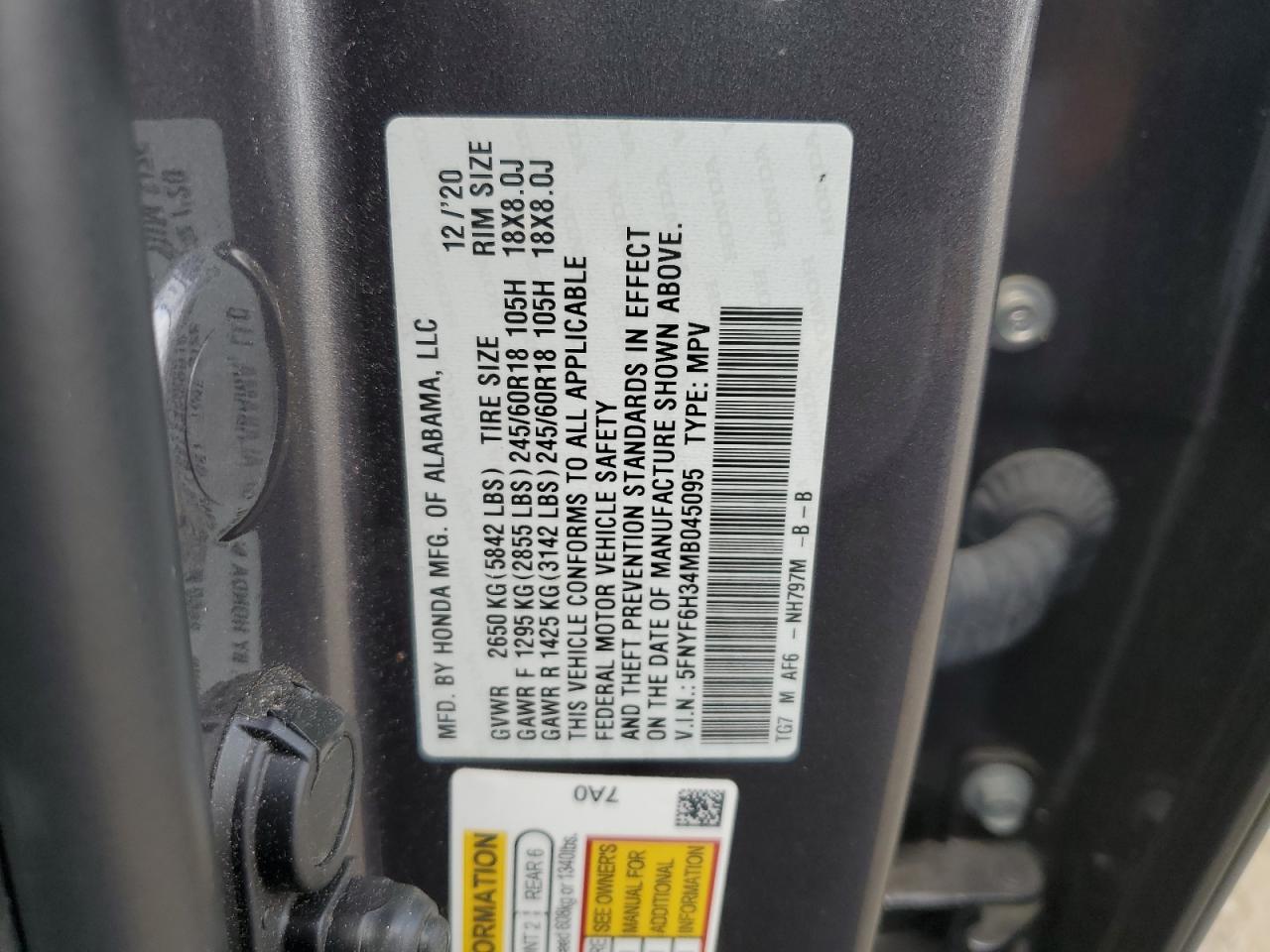 5FNYF6H34MB045095 2021 Honda Pilot Ex