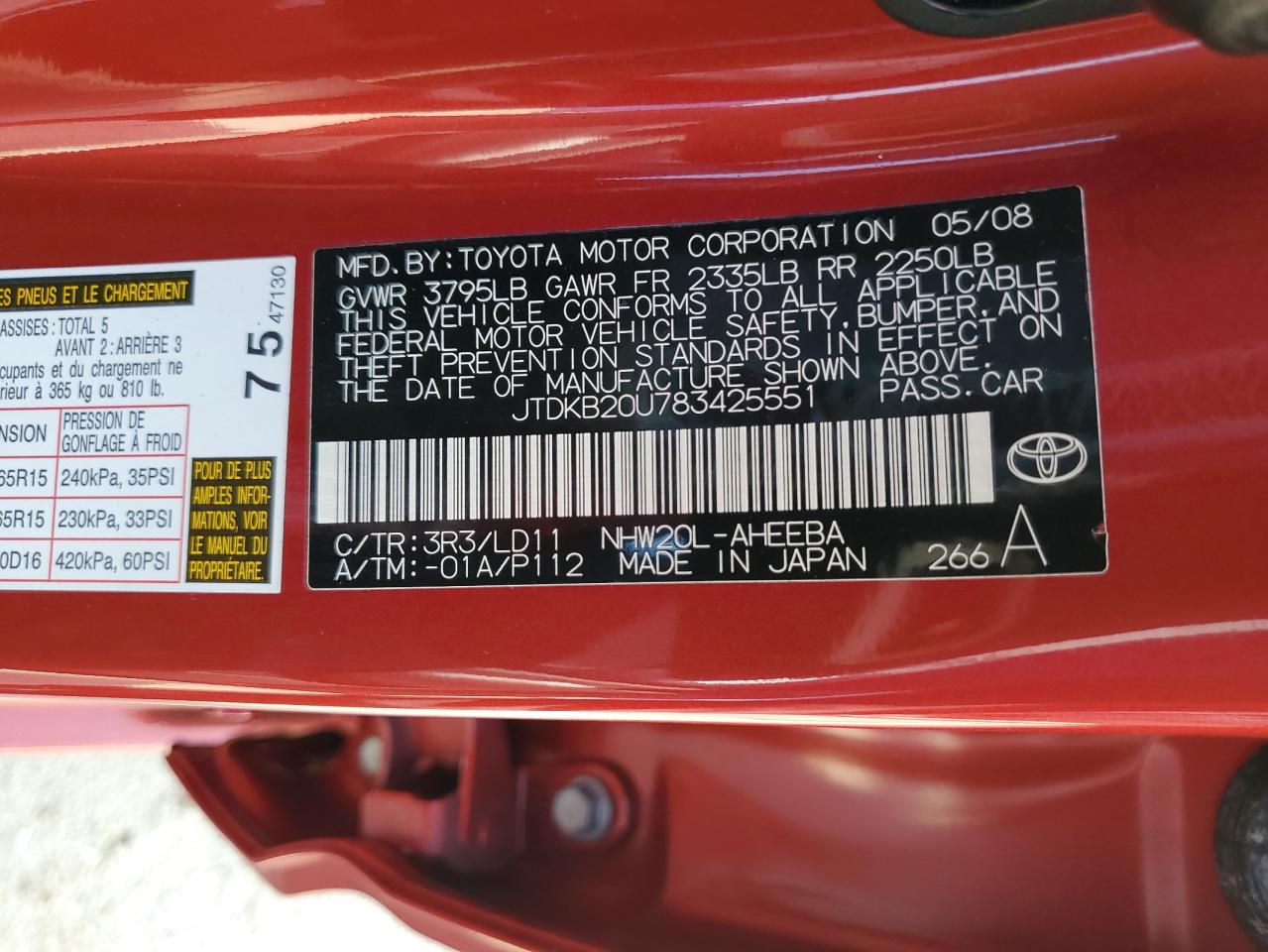 JTDKB20U783425551 2008 Toyota Prius