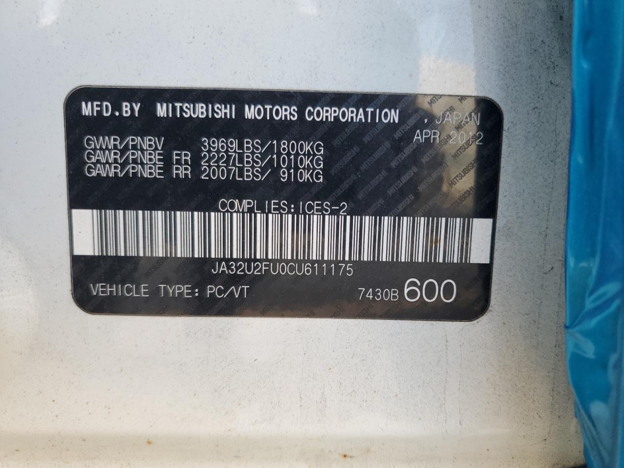 2012 Mitsubishi Lancer Es/Es Sport VIN: JA32U2FU0CU611175 Lot: 72170704