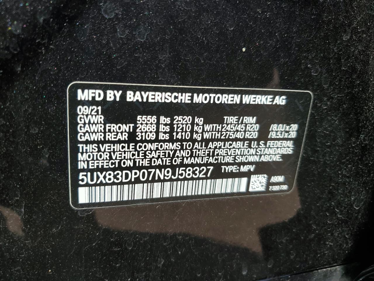 2022 BMW X3 M40I VIN: 5UX83DP07N9J58327 Lot: 70368524