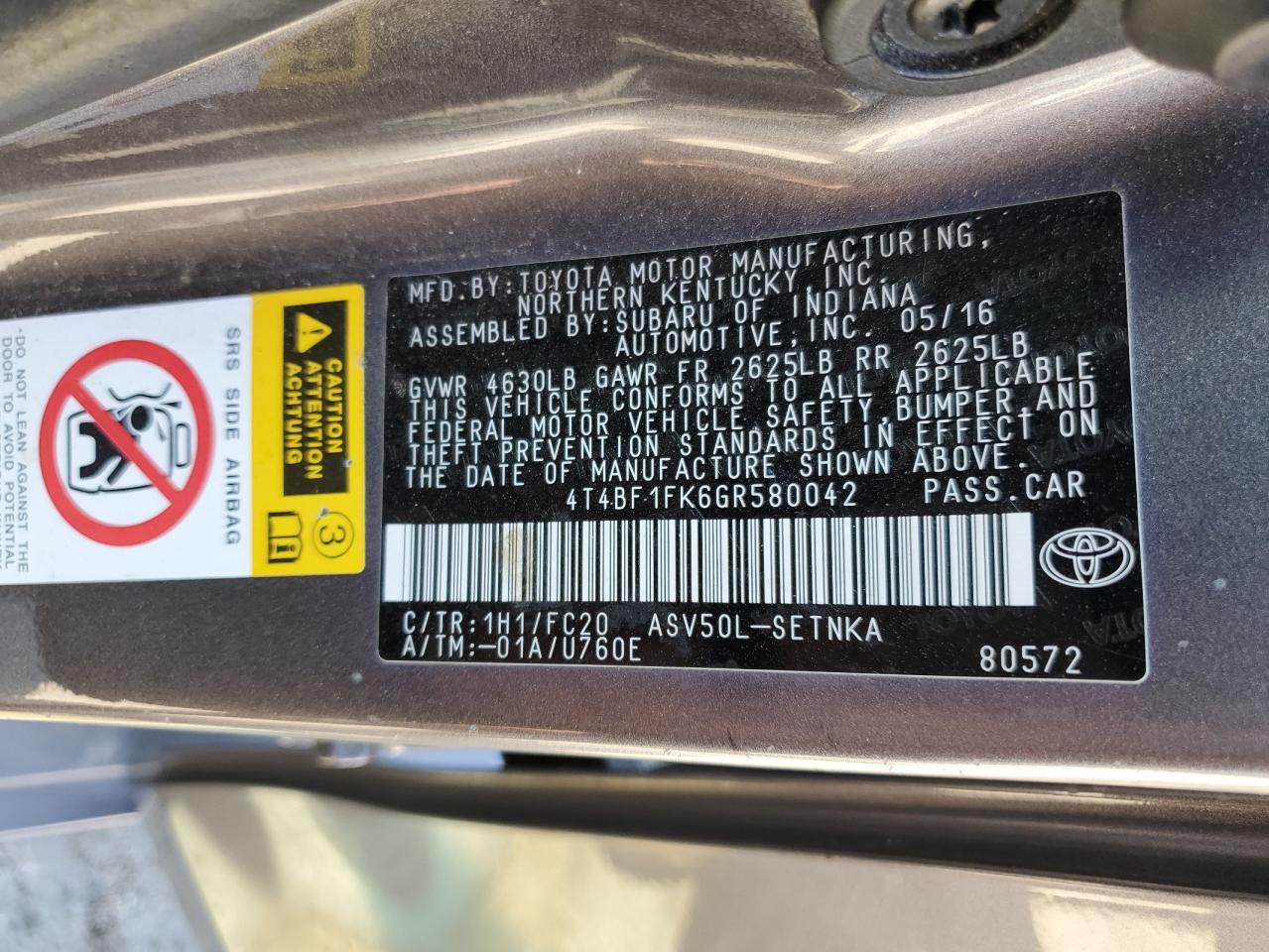 4T4BF1FK6GR580042 2016 Toyota Camry Le