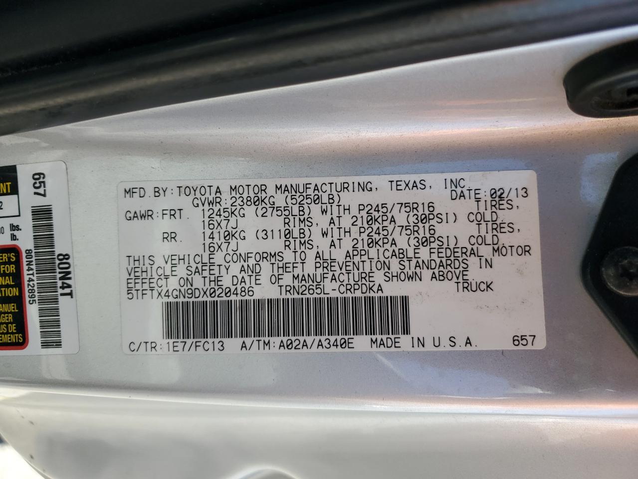 5TFTX4GN9DX020486 2013 Toyota Tacoma Prerunner Access Cab