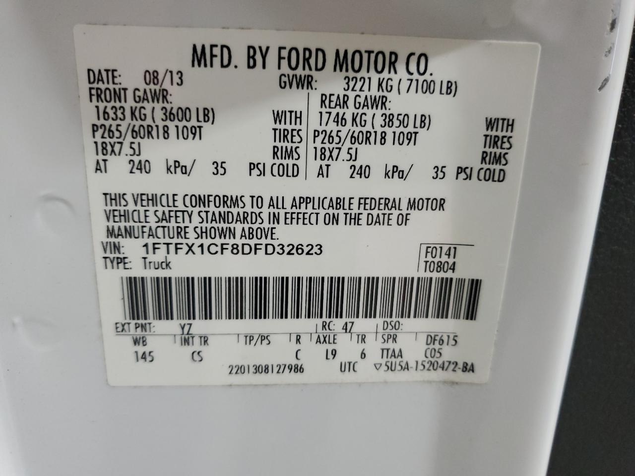 2013 Ford F150 Super Cab VIN: 1FTFX1CF8DFD32623 Lot: 71938384