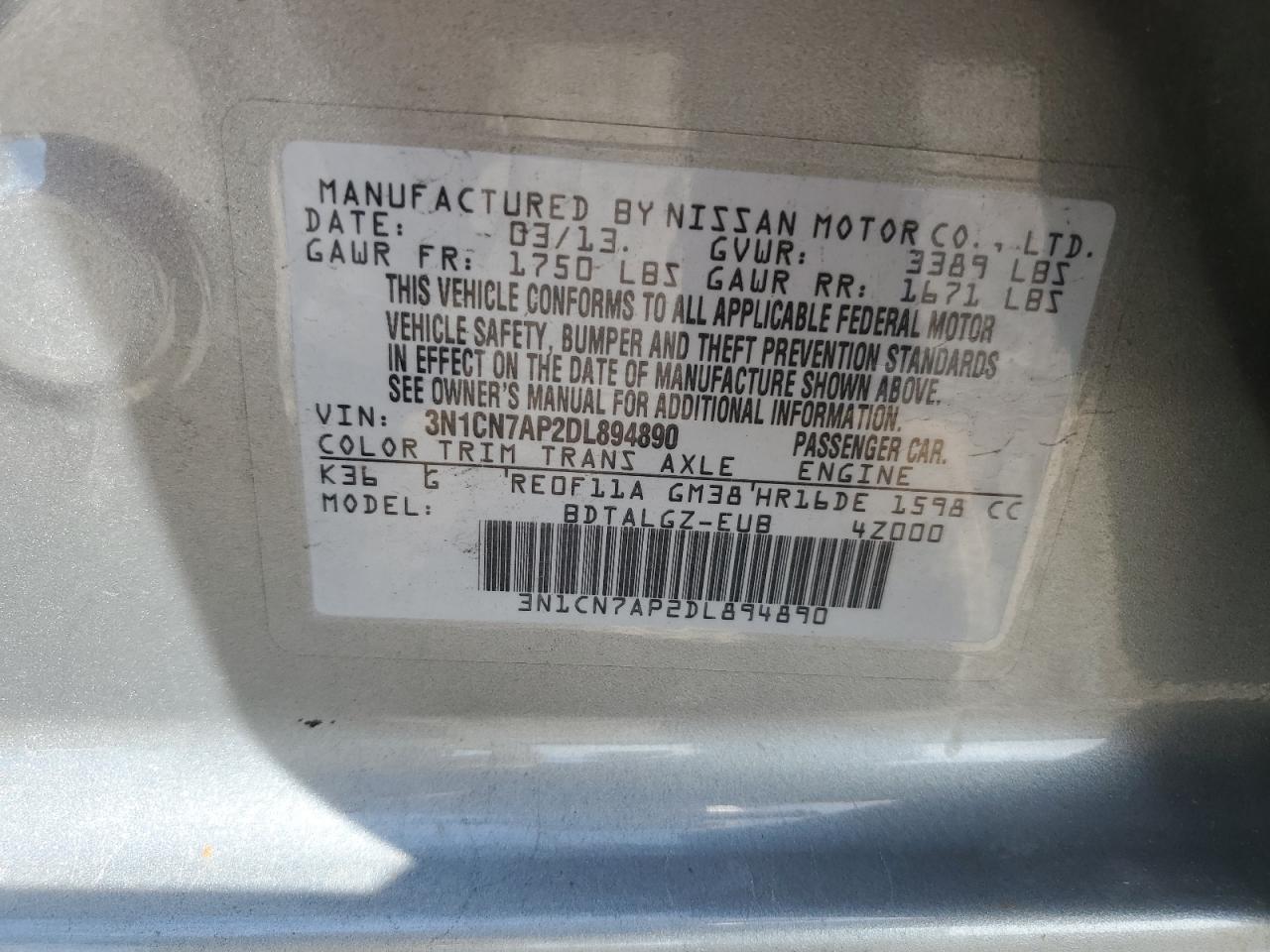 3N1CN7AP2DL894890 2013 Nissan Versa S