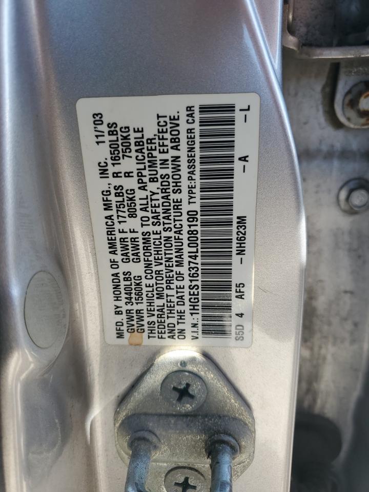 1HGES16374L008190 2004 Honda Civic Dx Vp