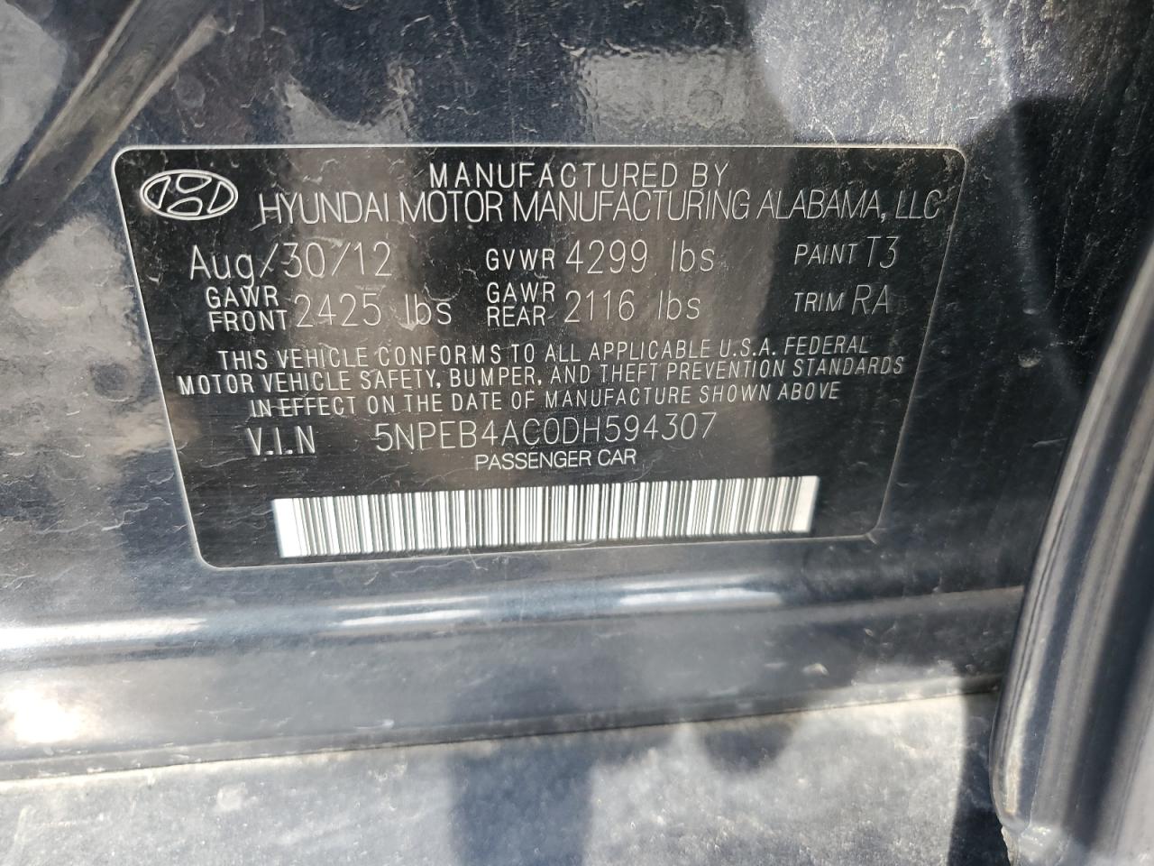 2013 Hyundai Sonata Gls VIN: 5NPEB4AC0DH594307 Lot: 73383814